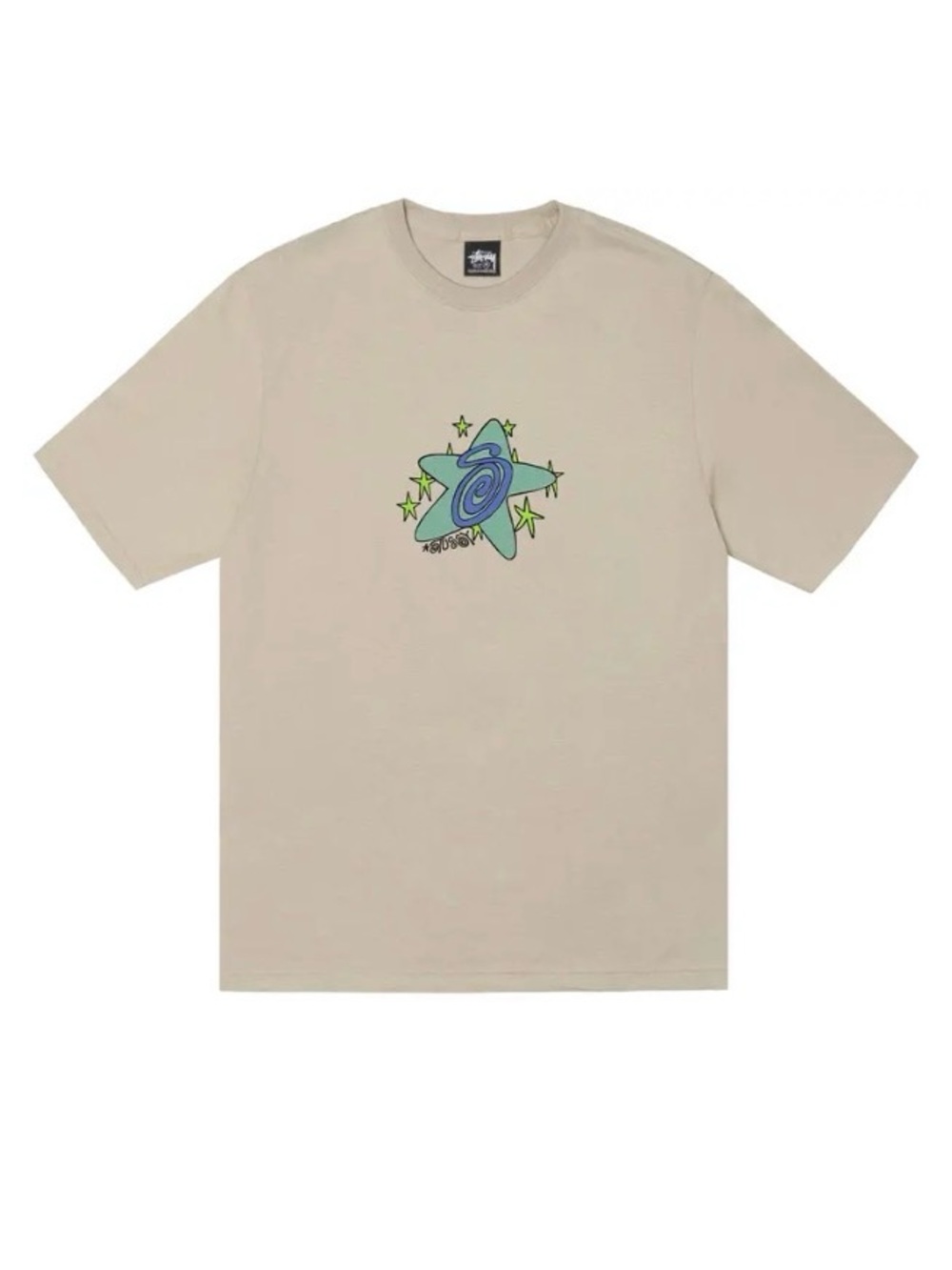 Stussy Beige Tee with Green and Blue Star Graphic